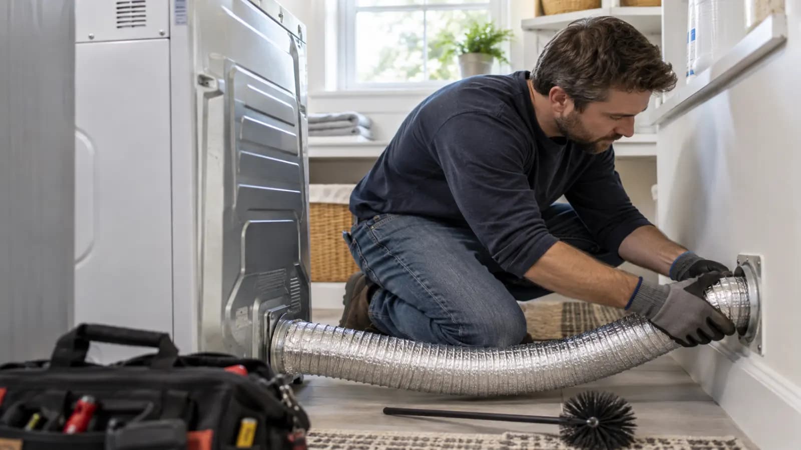 Clean dryer vent duct being reconnected behind a clothes dryer during maintenance