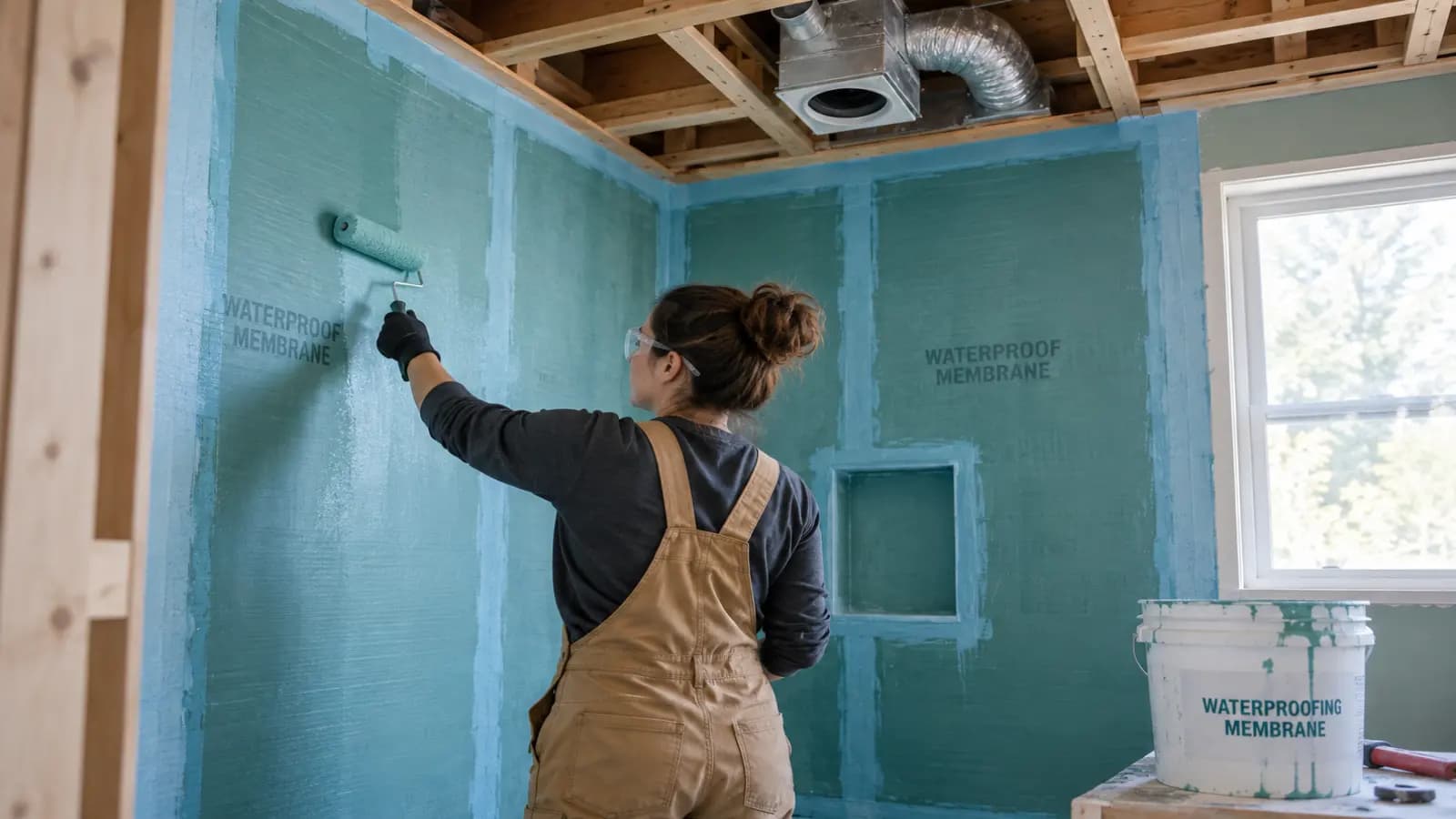 Bathroom shower walls coated with a waterproofing membrane before tile installation