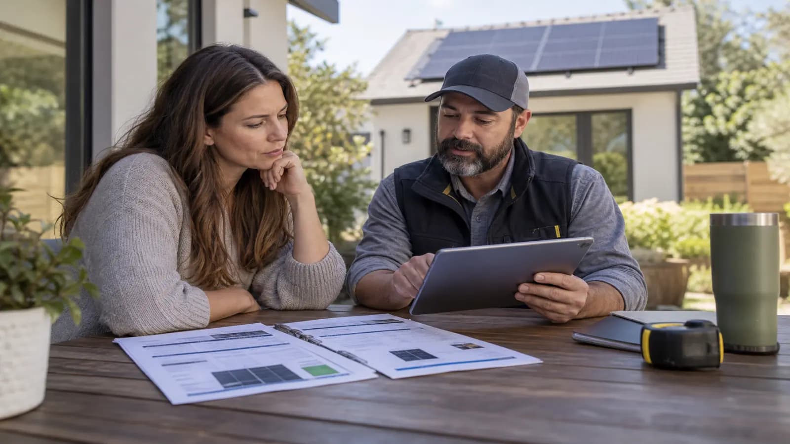 Homeowner comparing itemized solar energy quotes and equipment specifications on a tablet with an independent contractor