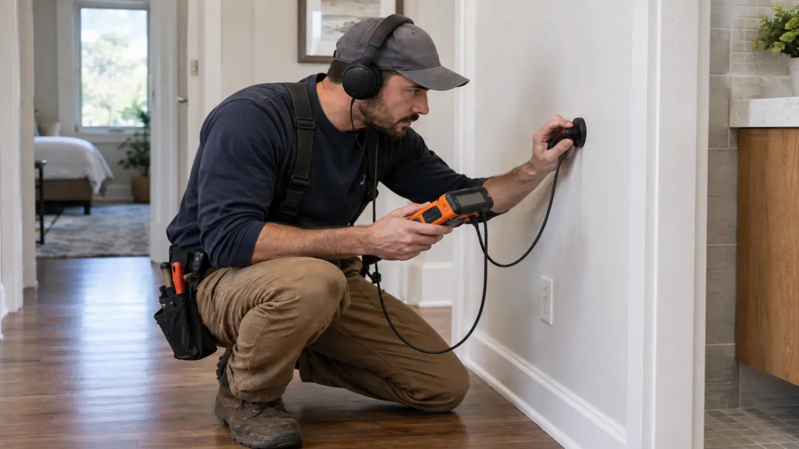 Plumber locating a pressurized water line leak with acoustic equipment before opening a wall
