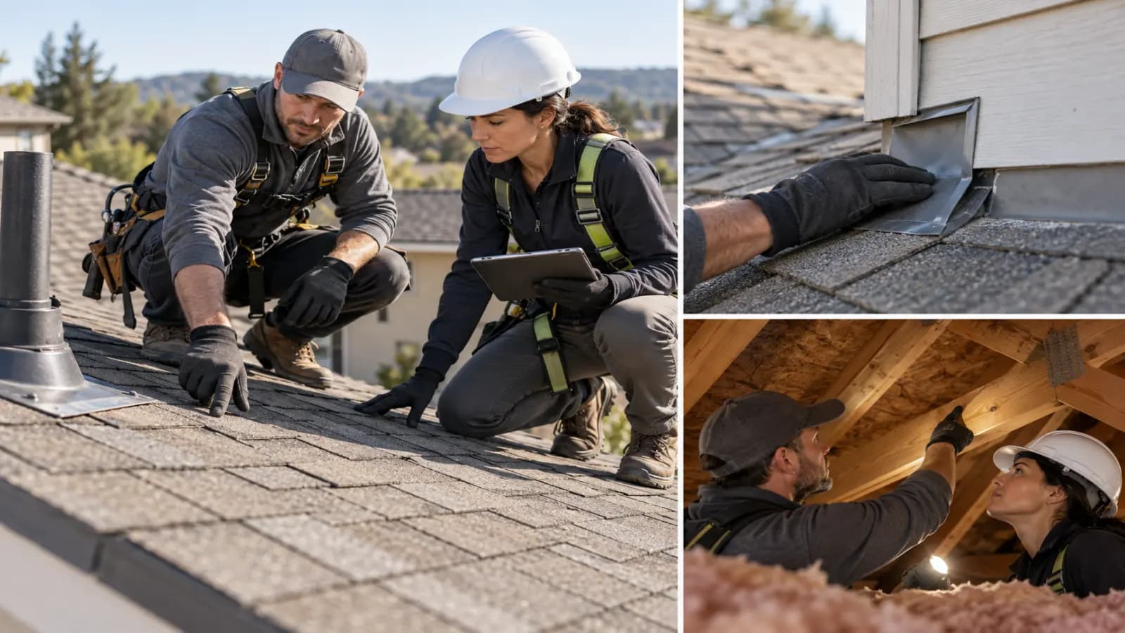 Roofer and solar technician inspecting asphalt shingle flashing and structural roof rafters before panel mounting