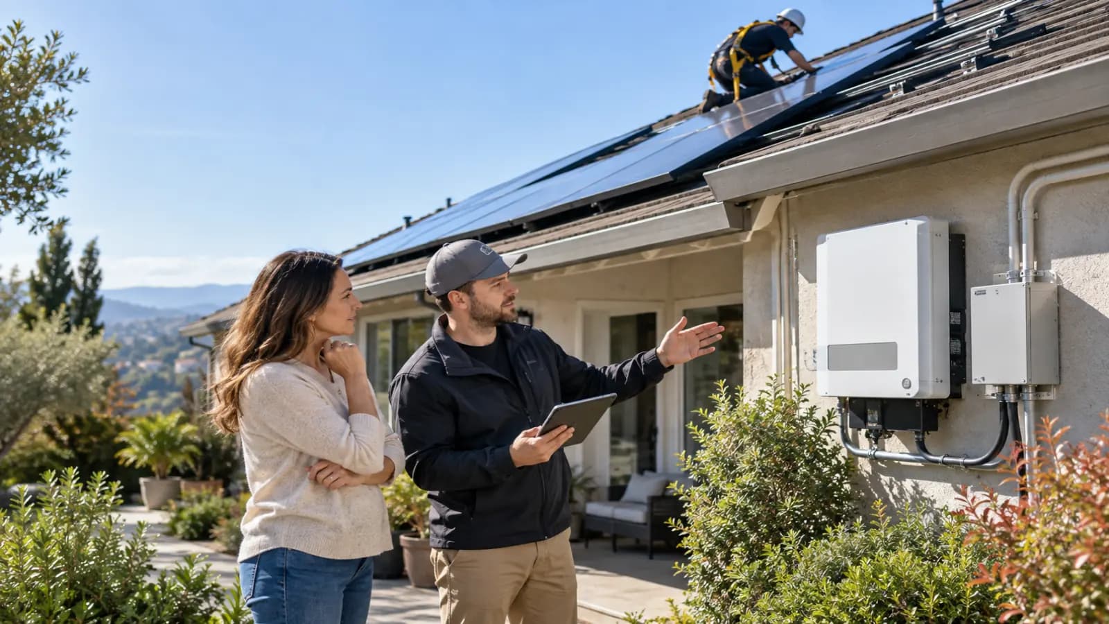 Solar installation specialist inspecting inverter connections and mounting rails on a residential rooftop