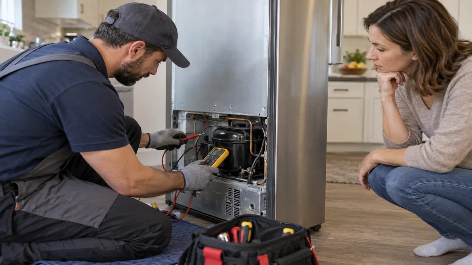 Appliance repair technician testing a refrigerator compressor circuit with a multimeter