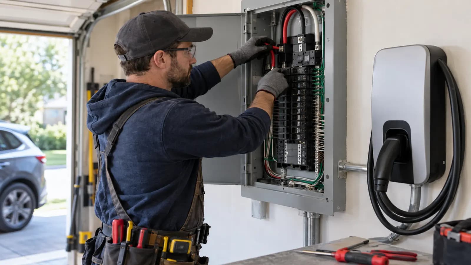 Electrician wiring a 240-volt circuit at a residential breaker panel for a Level 2 EV charger