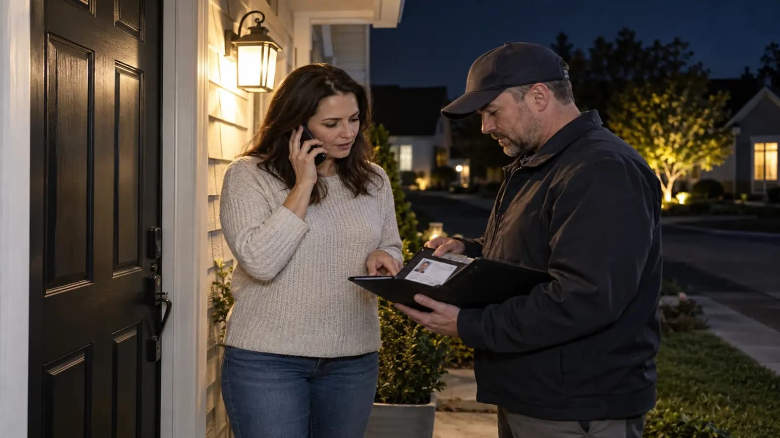 Locksmith opening a residential front door lock at night with a torch and pick tools