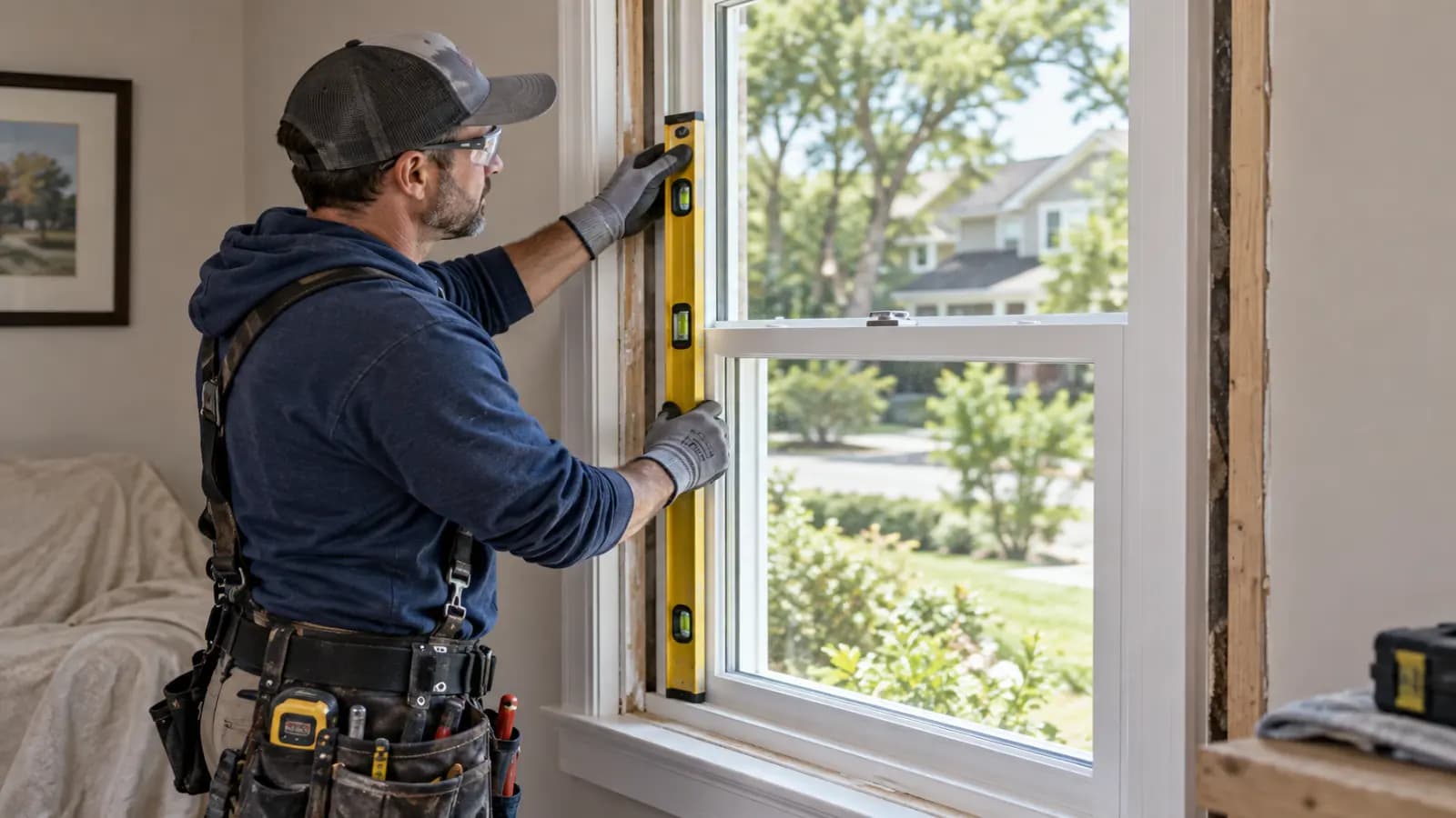 Installer setting a new double-hung replacement window into a prepared opening and checking it for square