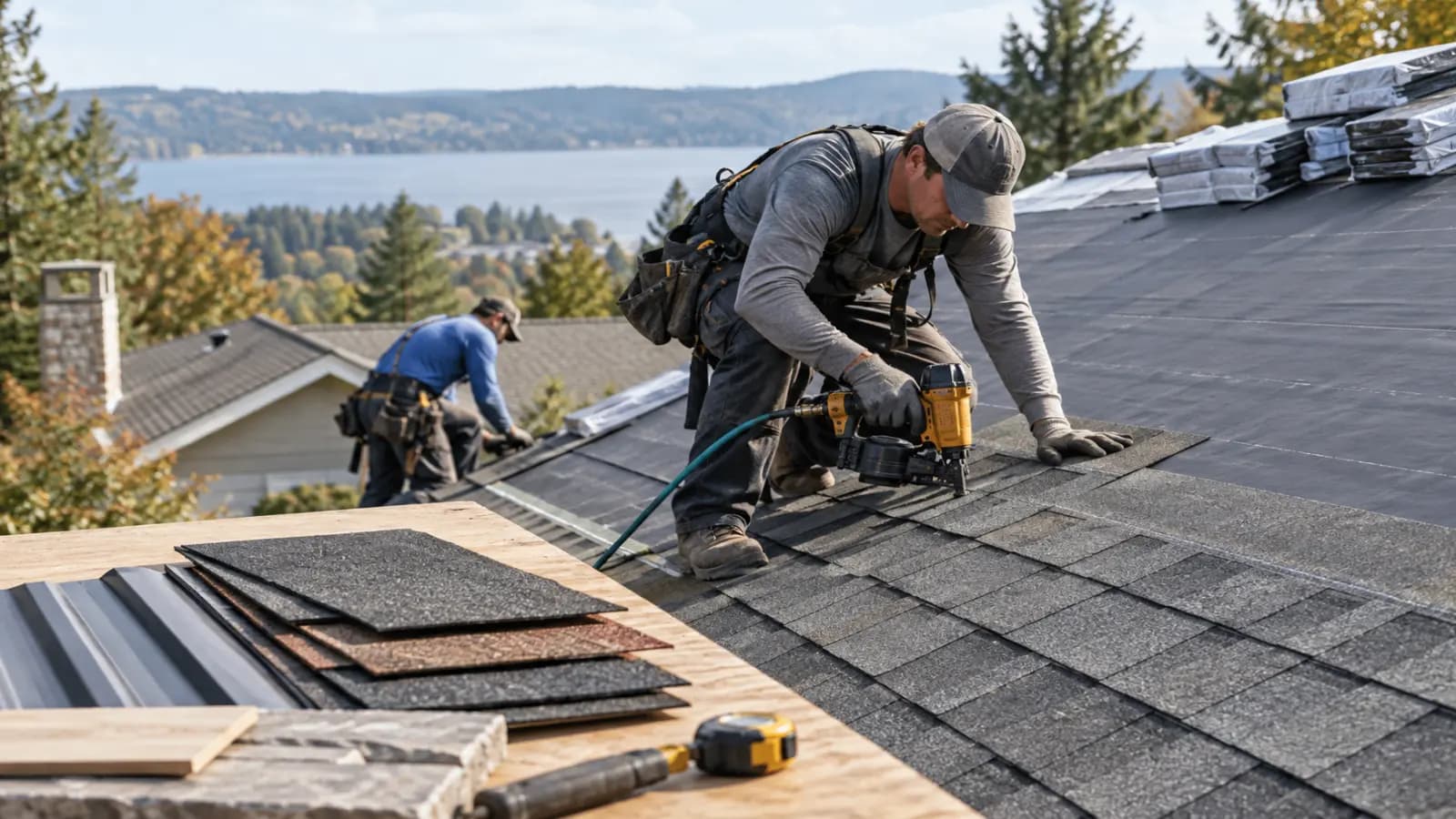 Roofing crew installing new architectural asphalt shingles over fresh underlayment on a residential roof