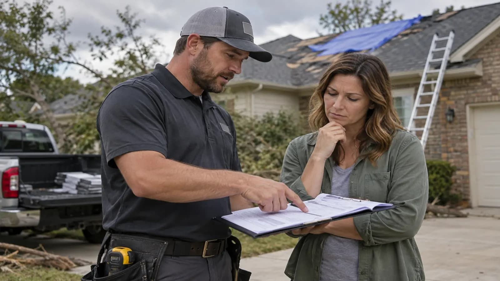 Local roofing contractor and homeowner reviewing a written roof replacement contract