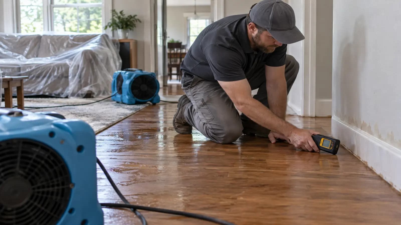 Air movers and a moisture meter drying a water-damaged hardwood floor after a leak